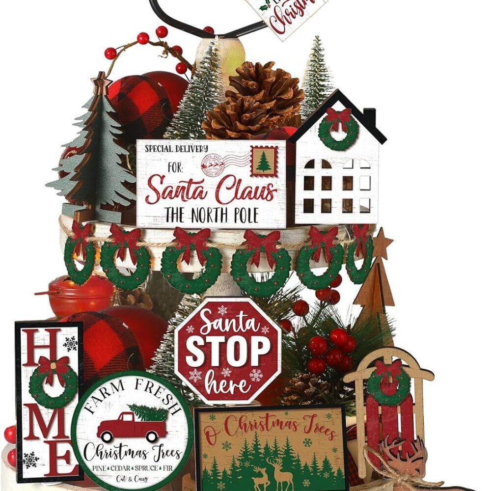 17 Pcs Christmas Tiered Tray Decor Set Winter Tiered Tray Decorations Farmhouse